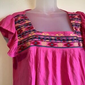 Dorose Pink Embroidered‎ Square Neck Flutter Sleeve Boho Blouse Top Large